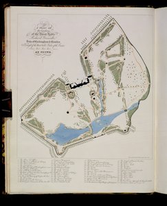 1827年にアーティストによってエッチングされた、ストウにあるバッキンガム公リチャードグレンビルの庭園の平面図 作： William James Smith
